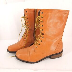 Reneeze Alice 07 Womens Tan Faux Leather Lace Up Zip Combat Boots Sz 8 low block